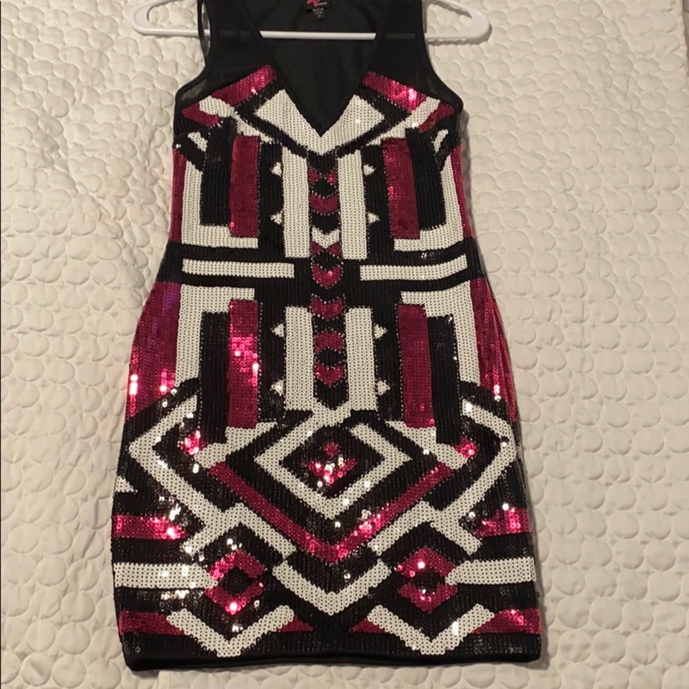 Bebe women size XS black white and pink sequin dress sheer back fabric tribal